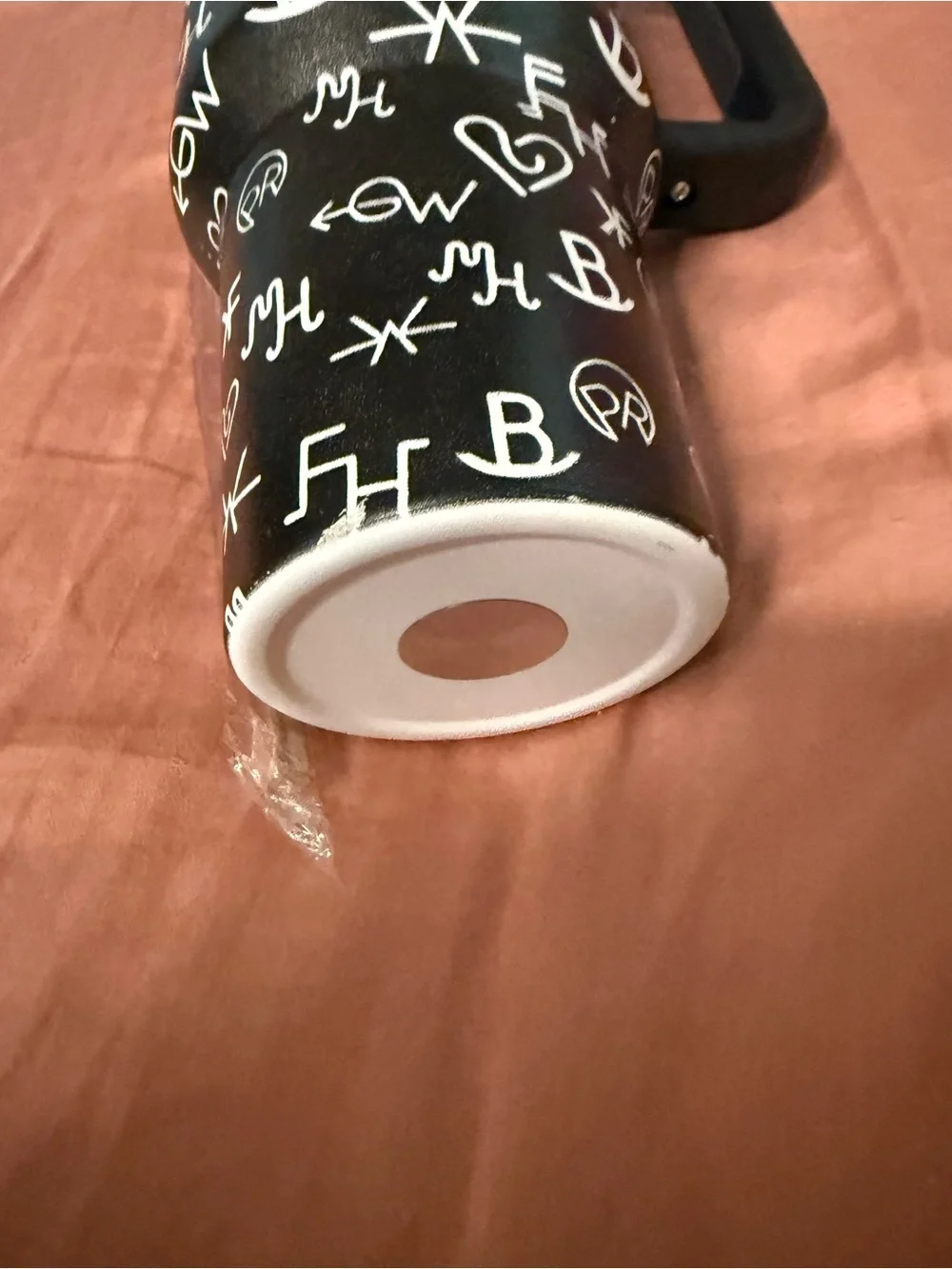 Insulated Black Travel Mug with White Script Pattern